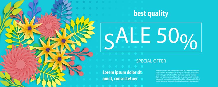 Horizontal paper cut flower sale banner. Colored chamomile bud origami isolated vector background. Floral discount design. Craft 3d plant eco card template.