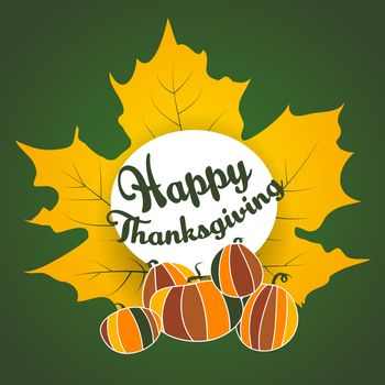 Vector thanksgiving green background ethnic tones with hand-painted maple leaf, pumpkin doodle style. Hand-lettered words Happy thanksgiving card. Thank you card with brown text.