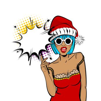 Marry Christmas young beautiful pop art woman pompom hat. Vector illustration isolated halftone popart wow face. Dare girl in red dress hold hand bengal fire, sparkler empty comic text speech bubble.