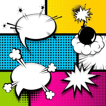Pop art comics book magazine cover template. Cartoon funny vintage strip comic superhero text, speech bubble, balloon, box message, burst bomb. Vector halftone illustration. Blank humor graphic.