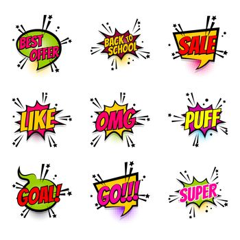 Lettering sale, offer, like, go, goal, super, omg, back to school. Set comics book balloon. Bubble icon speech phrase. Cartoon font label expression. Comic text sound effect. Vector illustration