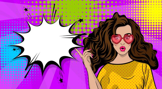 Colored Pop art woman in pink summer sunglasses with heart shape, showing finger. White empty speech bubble, comic book text balloon. Advertise wow face poster. Vector halftone radial illustration.