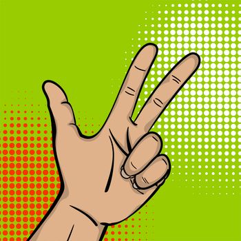 Pop art comic text cartoon strong man hand show number three finger. Human guy wow poster halftone dot background. Gesture advertisement arm message. Bright color illustration.