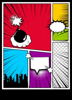 Blank humor graphic. Pop art comics book magazine cover template. Cartoon funny vintage strip comic superhero, text speech bubble balloon, box message, burst bomb. Vector colored halftone illustration
