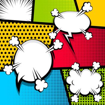 Pop art comics book magazine cover template. Cartoon funny vintage strip comic superhero text, speech bubble, balloon, box message, burst bomb. Vector halftone illustration. Blank humor graphic.