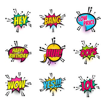 Lettering hey, bang, price, birthday, wow, lol, yes, oops. Set comics book balloon. Bubble icon speech phrase. Cartoon font label expression. Comic text sound effect Vector illustration