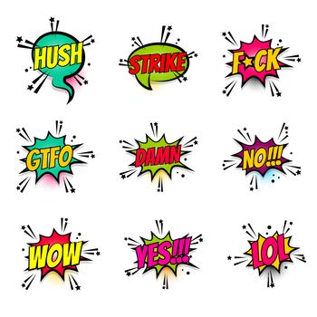 Lettering fuck, damn, gtfo, wow, hush, lol, no, yes, strike. Set comics book balloon. Bubble icon speech phrase. Cartoon font label expression Comic text sound effect Vector illustration