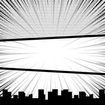 Comics book monochrome template background. Speech bubble balloon. Pop art black white empty backdrop mock up. Vector illustration halftone dot mockup for comic text. Silhouette city boom explosion.