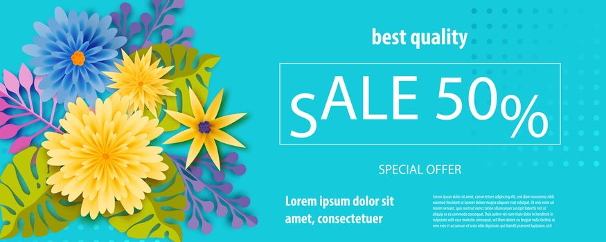 Horizontal paper cut tropical flower sale banner. Colored chamomile bud origami isolated vector background. Floral discount design. Craft 3d plant eco card template.