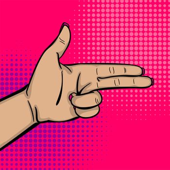 Pop art comic text cartoon cool woman knuckle hand show bang gun finger. Human girl wow ok, good poster halftone dot background. Gesture advertisement arm message. Bright color illustration.