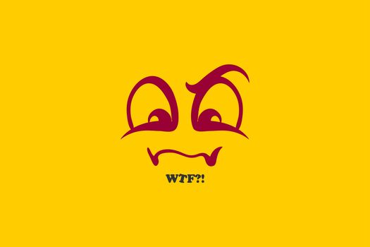 Yellow simple emoji angry face. Vector sketch cartoon illustration. Funny comic text banner isolated. Retro print wtf textile style. Greeting poster.