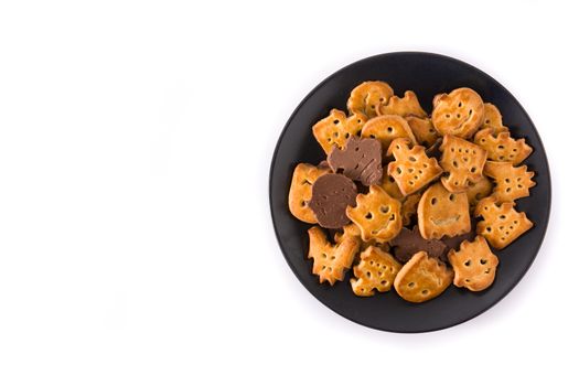 Halloween cookies on black plate isolated on white background