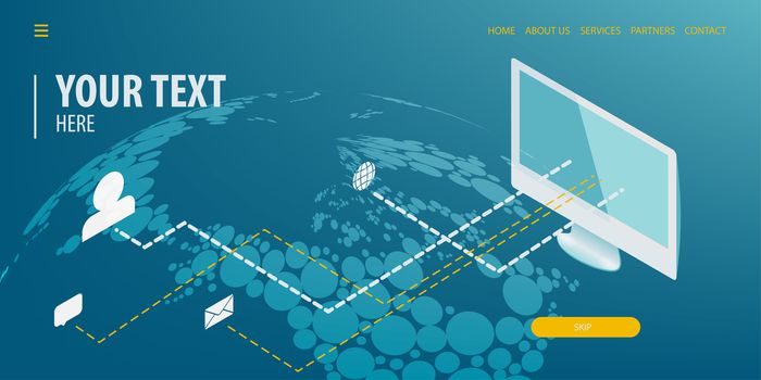 Global worl map user computer server connect. Data connection isometric technology. Digital vector illustration. Site page template.