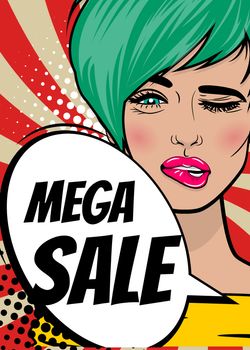 MEGA SALE. Pop art sexy woman advertise vintage poster. Comic book text balloon speech bubble. Discount banner vector retro illustration. Girl comic wow face surprised marketing special offer.