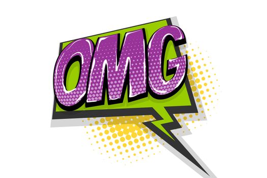 Omg ouch oops wow comic text speech bubble. Colored pop art style sound effect. Halftone vector illustration banner. Vintage comics book poster. Colored funny cloud font.