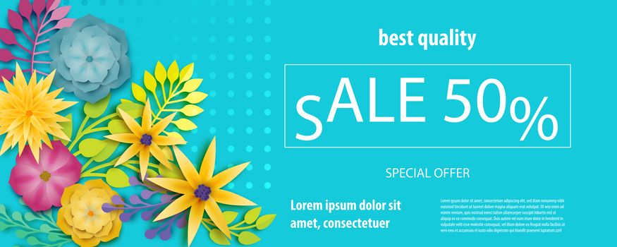 Horizontal paper cut flower sale banner. Colored chamomile bud origami isolated vector background. Floral discount design. Craft 3d plant eco card template.