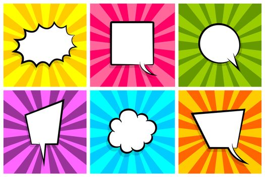 Comic set radial lines background pop art style vector. Cartoon colored sound bubble speech box for phrase text. Expression balloon sounds illustration. Advertice template. Comics book explosion.