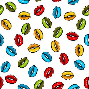 Woman mouth colored lipstick seampess pattern modern pop art style. Romantic Valentines Day design. Vector retro sketch illustration. Girl sexy lips.