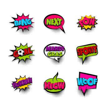 Meow woof bang next pow. Pop art comic text phrase set collection. Colored comics book label sticker funny word. Vintage halftone speech bubble balloon box. Colorful chat message vector illustration.