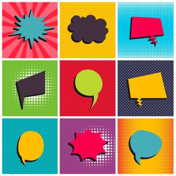 Comic set background pop art style vector. Sound comic bubble speech phrase cartoon text effects. Template balloon. Comics book background