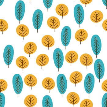 Autumn falling tree golen, blue leaf seamless pattern background. Vector wrapping paper design. Trendy doodle style floral illustation.
