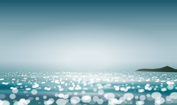 Summer time season, seascape blurred bokeh lights. Landscape background. Realistic vector illustration. Beach cost calm moody in sunny day. Hot season holiday.
