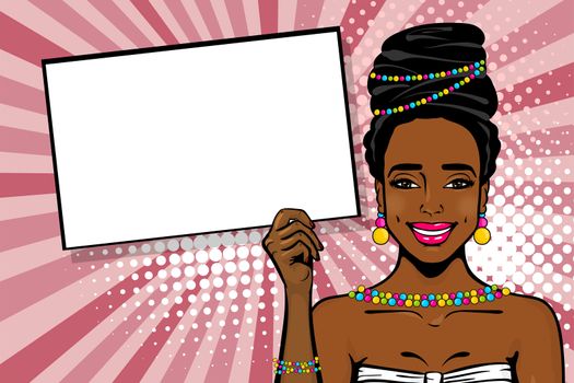 Elegance pop art woman wow face. Black african girl hold empty speech bubble. Comic text balloon box. 