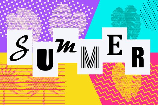 Summer background Memphis style. Retro tropical backdrop 80s 90s pop art. Comic text lettering different font. Sale poster monstera palm leaf. Halftone pattern vector illustration.