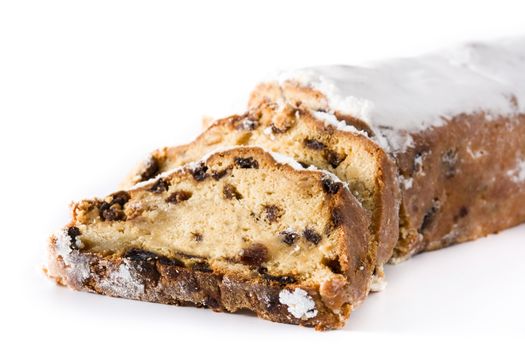 Christmas stollen fruit slice isolated on white background.