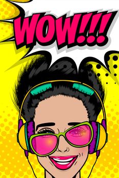 Woman in sunglasses earphones listen music. Face pop art style. Girl smile face vintage. Disco musical banner. Vintage poster WOW kitsch comic text WOW. Summer party empty speech bubble for text