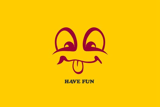 Yellow simple emoji yummy smile tongue face. Vector sketch cartoon illustration. Funny comic text Have fyn banner isolated. Retro print textile style. Greeting poster.