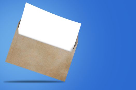 Opening business envelope, blank white paper on blue background