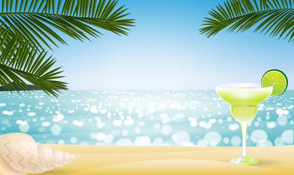 Cocktail party glass with lime in sandy tropical beach ocean cost, sea wave with sea shell. Sunny summer season. Realistic palm leaf, calm day moody. Seascape vector background. Hot season holiday.