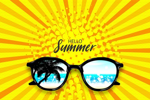 Hello summer time. Vector pop art poster realistic sunglasses. Vanilla tropical flower palm leaf. Radial line background. Vintage retro greeting lettering. Fashion 3d kitsch design.