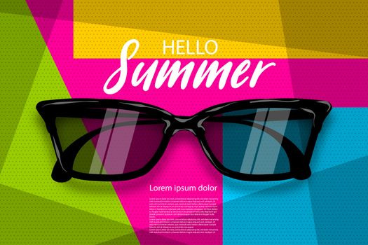 Hello summer time. Vector pop art poster realistic sunglasses. Geometric cube colored background. Vintage retro greeting lettering. Fashion 3d kitsch design.