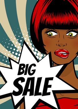 Big sale. Pop art sexy woman advertise vintage poster. Comic book text balloon speech bubble. Discount banner vector retro illustration. Girl comic wow face surprised marketing special offer.