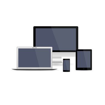 Set of realistic computer monitors, laptops, tablets and mobile phones. Electronic gadgets isolated  on white background. Vector illustration.