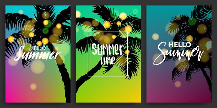 Blurred greeting hello summer time banner. Vintage retro vacation poster. Set season advertise sale vector backgrounds. Sunset, sunrise tropical travel paradise. Relaxing tourism bokeh poster.