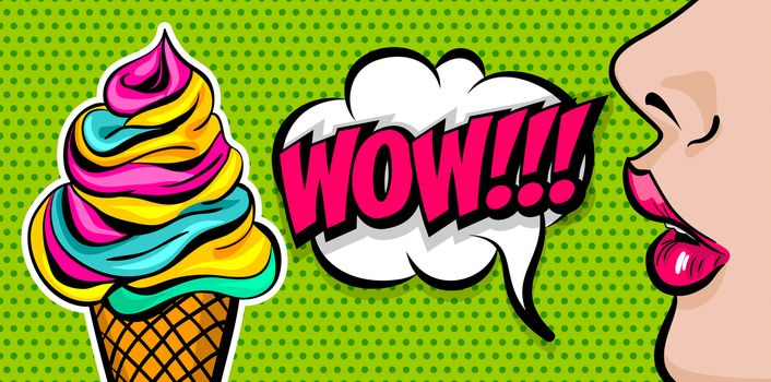 Profile face beautiful woman pop art style. Wow shocked face vintage girl ice cream cone. Sweet colored poster comic text speech bubble design. Summer kitsch dessert party advertise.