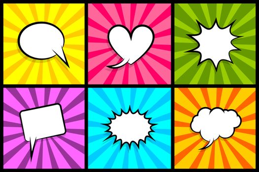 Comic set radial lines background pop art style vector. Cartoon colored sound bubble speech box for phrase text. Expression balloon sounds illustration. Advertice template. Comics book explosion.