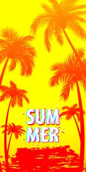 Summer time palm tree banner poster. Tropical monochrome colored advertise. Travel sale invitation. Vertical vector illustration background. Glitch effect. Simple silhouette.