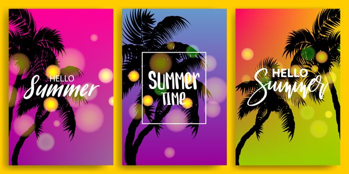 Blurred greeting hello summer time banner. Vintage retro vacation poster. Set season advertise sale vector backgrounds. Sunset, sunrise tropical travel paradise. Relaxing tourism bokeh poster.