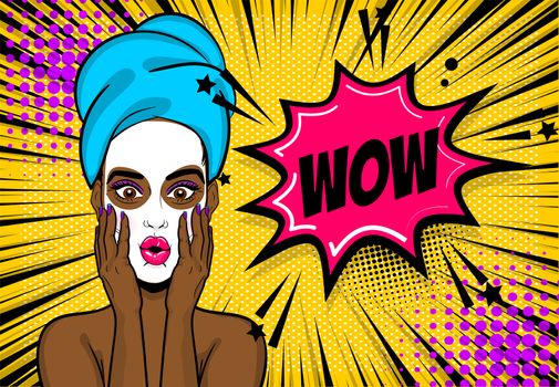 Beautiful sexy black african-american woman towel on head, wow oops face open mouth style pop art cosmetic mask. Comic book girl retro halftone background. Vector comic text speech bubble.