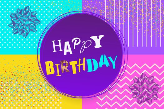 Happy birthday background Memphis style. Retro holiday backdrop 80s 90s pop art. Comic text lettering different font. Anniversary greeting poster. Halftone pattern vector illustration.