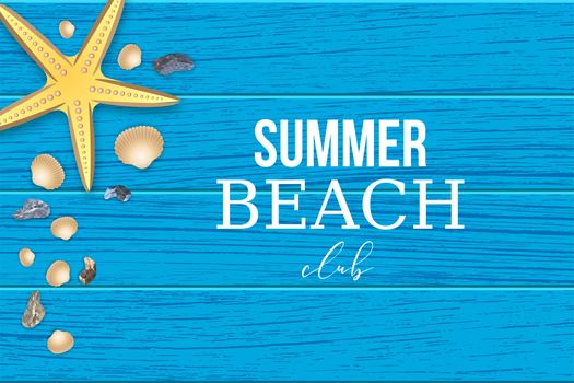 Summer beach club wooden banner. Realistic starfish seashell stone on wooden texture banner lifestyle sea travel vacation design. Blue minimalism template. Exotical vector object illustration.