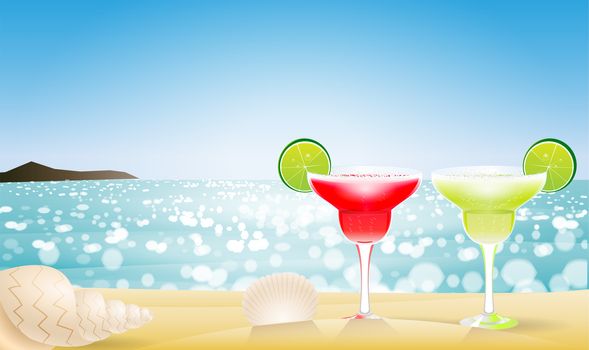 Two margarita cocktail party. Seashell on sandy tropical beach cost near ocean, sea. Sunny summer season. Positive vector illustration calm moody day. Seascape background. Hot season holiday.