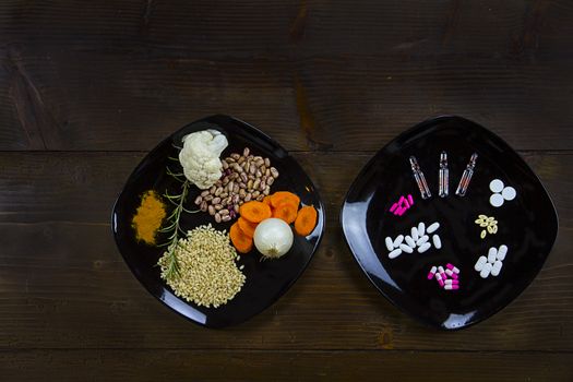 Prevention with healthy eating or treatment with medicines? The contrast between a plate full of vegetables and cereals and another with medicines