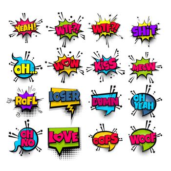 wow oh kiss damn love wtf oops set lettering. Comics book balloon. Bubble icon speech pop art phrase. Cartoon font label tag expression. Comic text sound. Vector illustration.