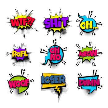 wtf shit meow woof loser set lettering. Comics book balloon. Bubble icon speech pop art phrase. Cartoon font label tag expression. Comic text sound effects. Vector illustration.