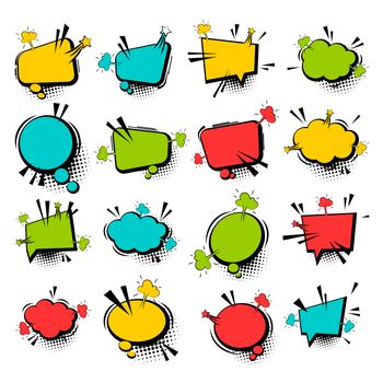 Comic funny collection empty colored cloud pop art vector style. Big set colorful message bubble speech for comic cartoon expression illustration. Comics book background template.